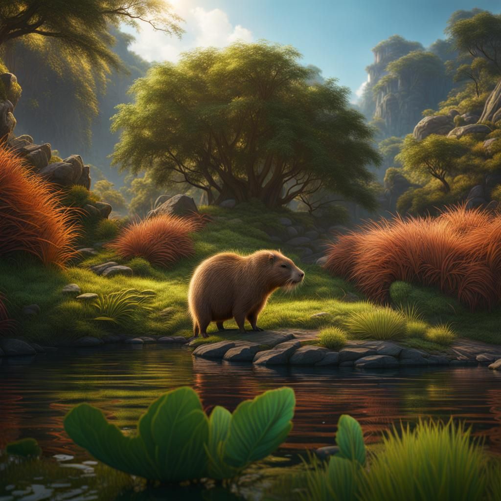 Kiwi Capybara: Detailed Matte Painting in Deep Color