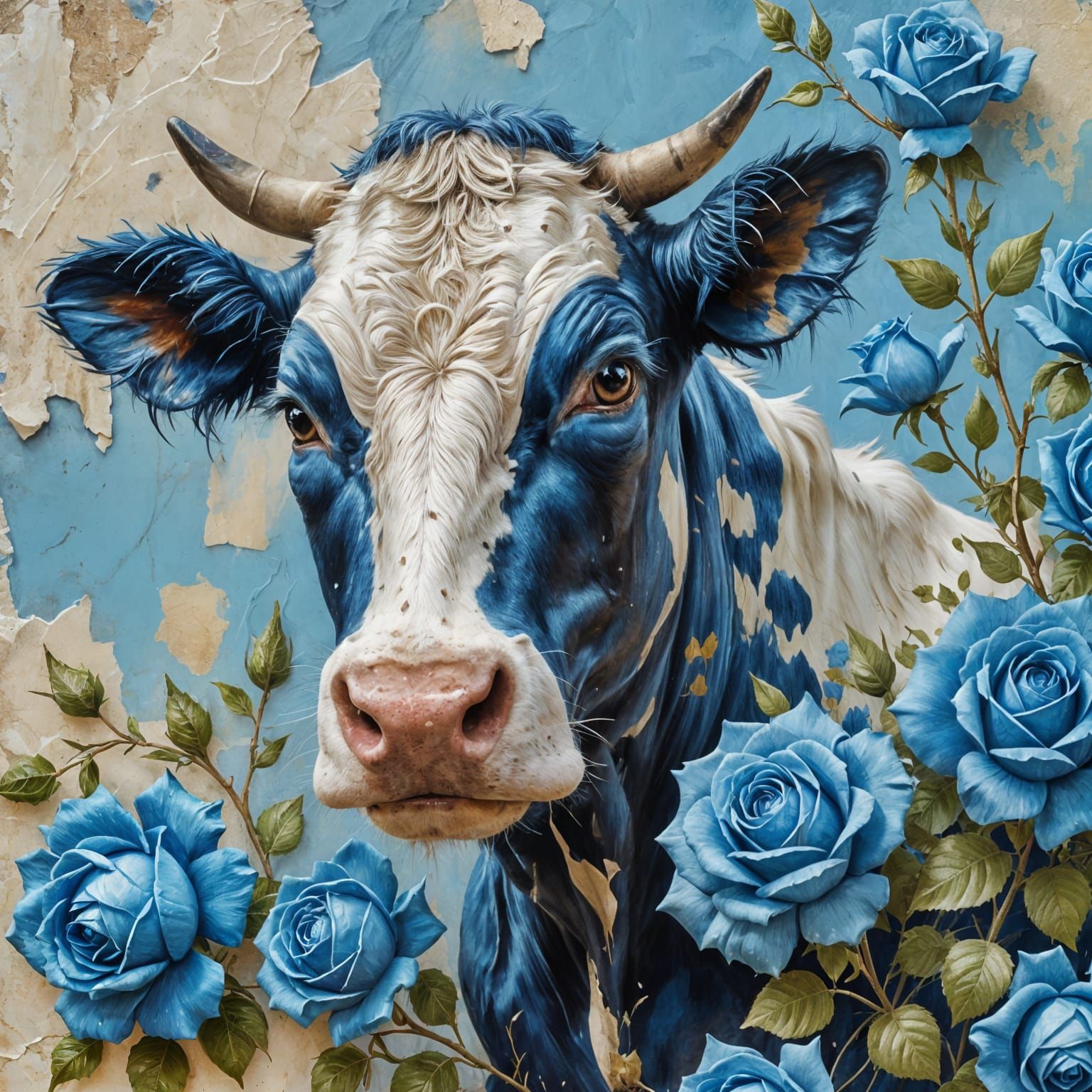 Elegant Blue Rose Cow on Stucco