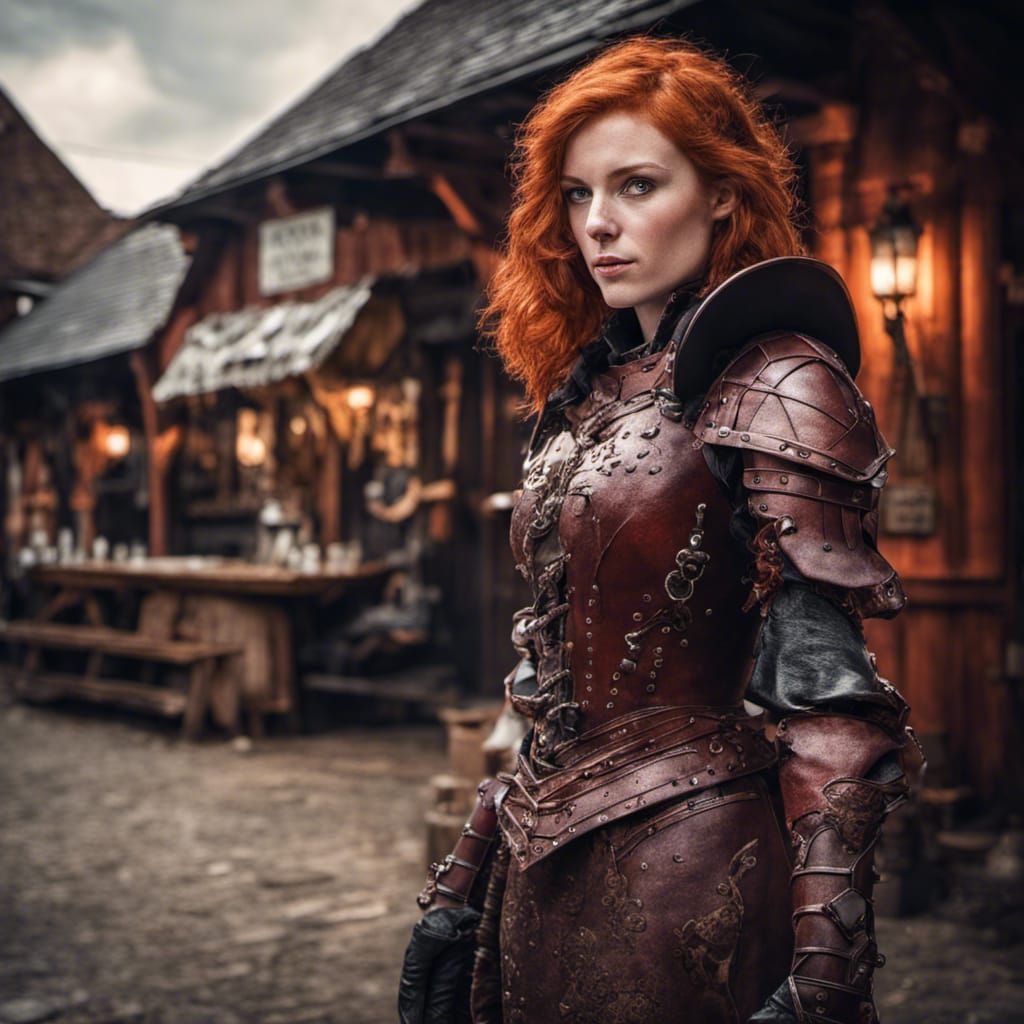 Redhead in Leather Armor Outside Tavern