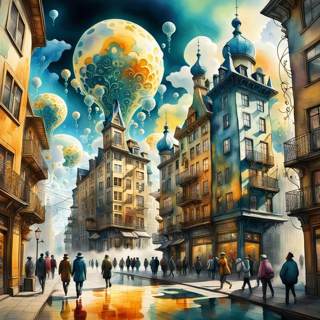 Surreal Melting Cityscape with Fractal Elements