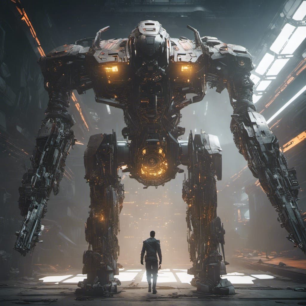 Mechanical Robot with Sword in Cyberpunk Scene