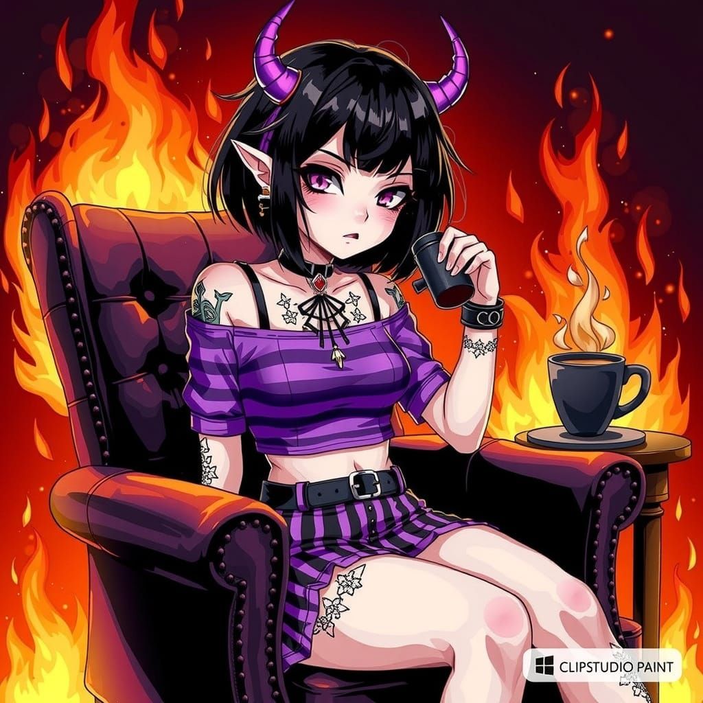 Anime Girl Sipping Coffee Amidst Flames in Anime Style