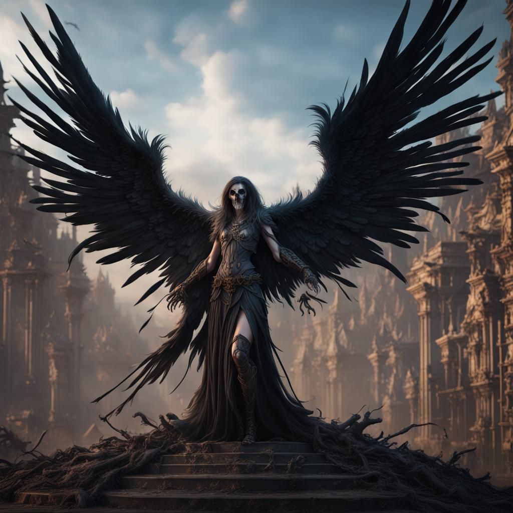 Black Feathered Angel of Death: Detailed Matte Painting