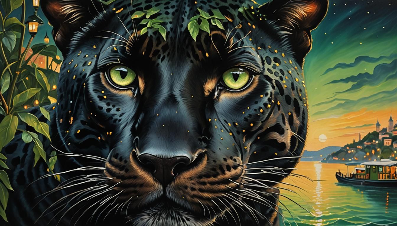 Black Jaguar Reflects Istanbul in Rousseau Oil Painting