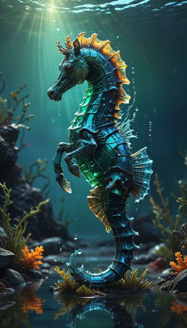 Glowing Sea Horse in Vibrant, Emerald-Cobalt Depths