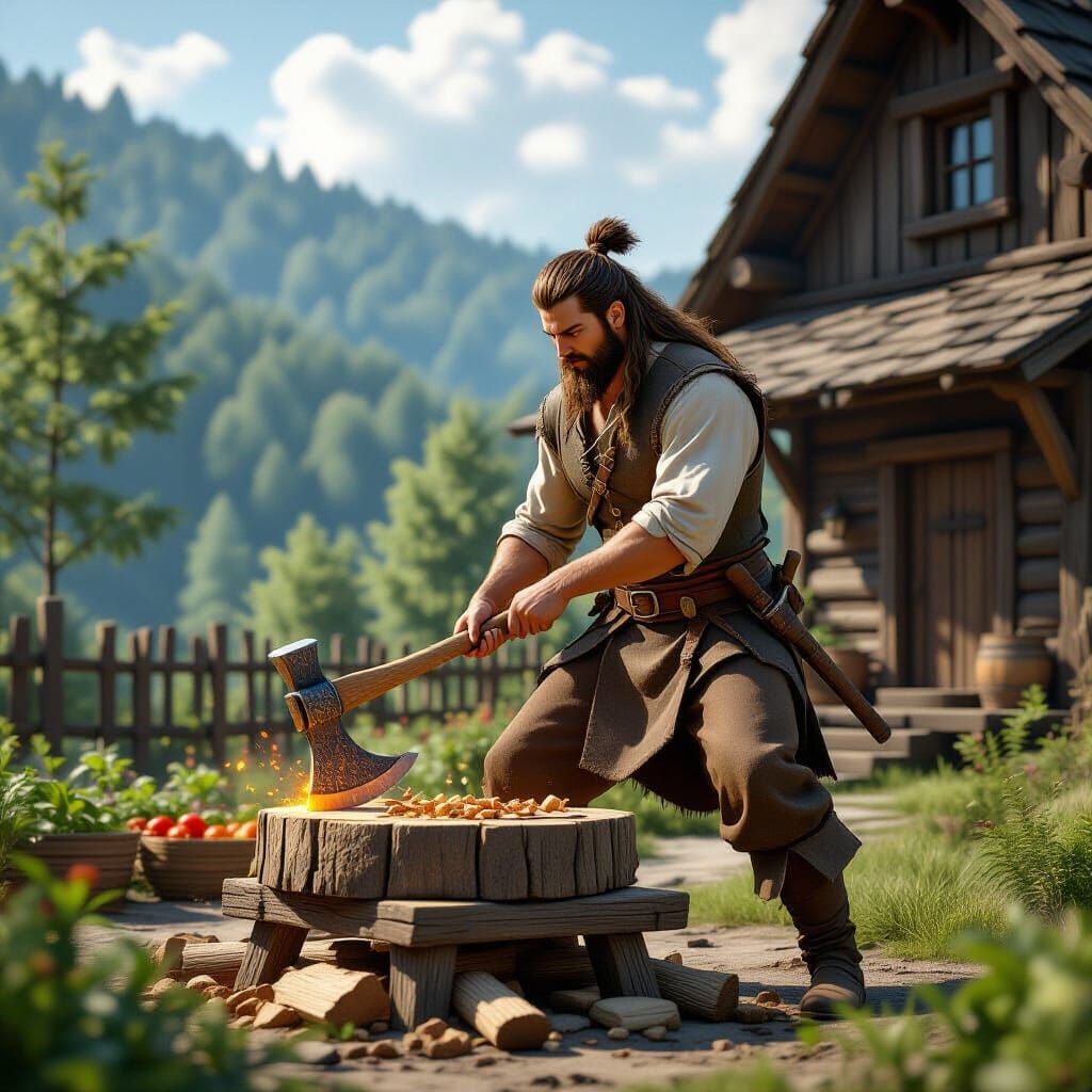 Woodcutter in Medieval Setting: 3D Game Cinematic