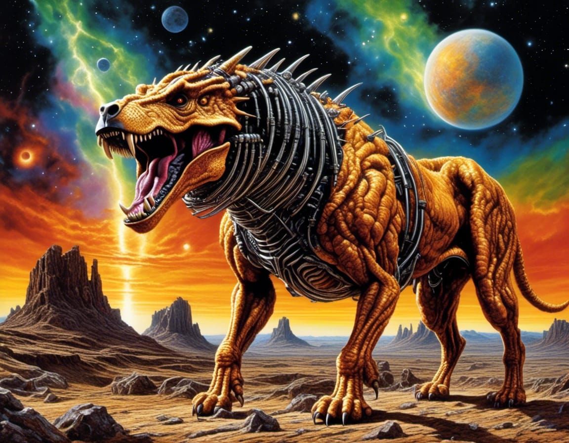 Prehistoric Dog in Biopunk Style Oil Painting