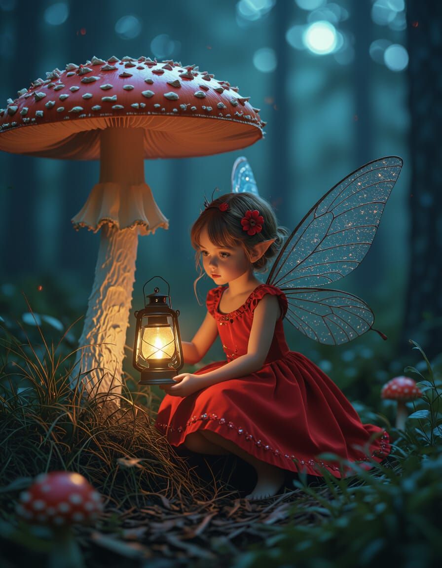 Fairy Sheltering Under Mushroom with Lantern