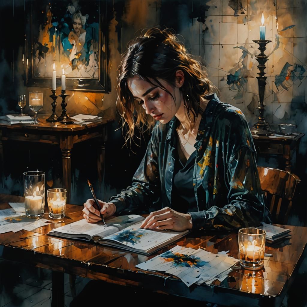 Surreal Woman Reads by Candlelight in Dark Room