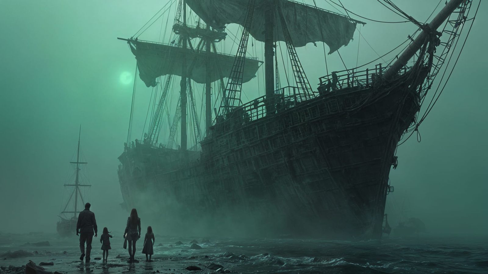 Ancient Pirate Ship Looms from Fog in Extreme Wide Shot