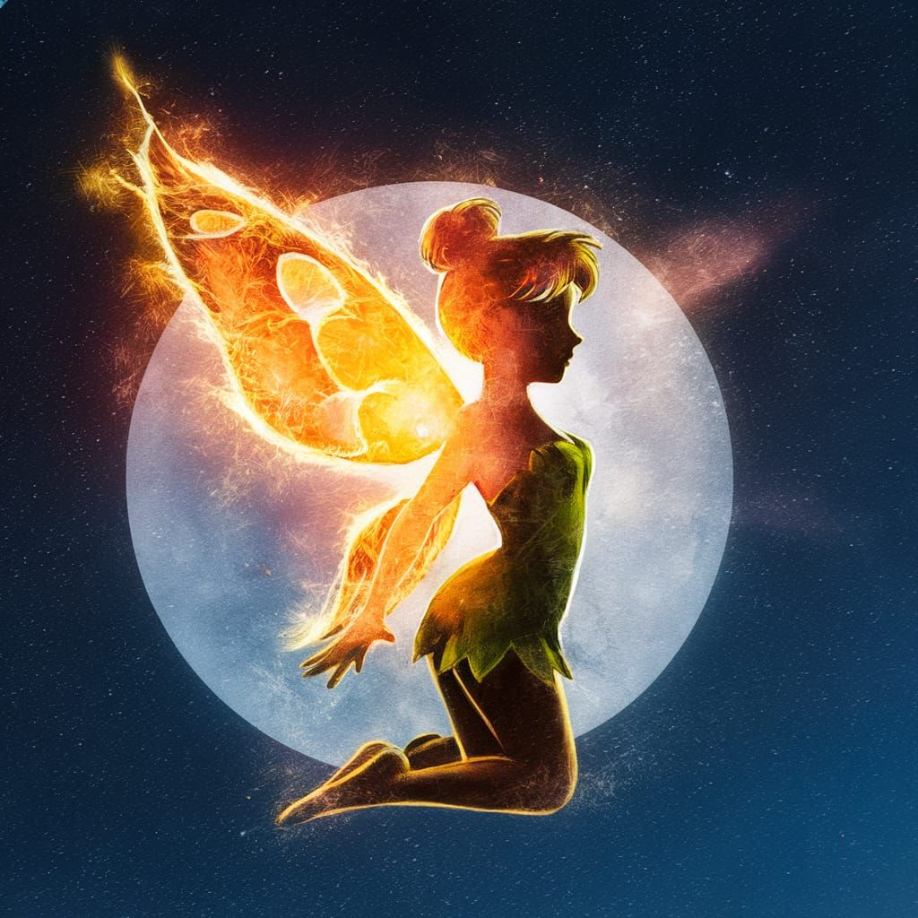 Tinkerbell Silhouette in Digital Watercolor with Starry Sky
