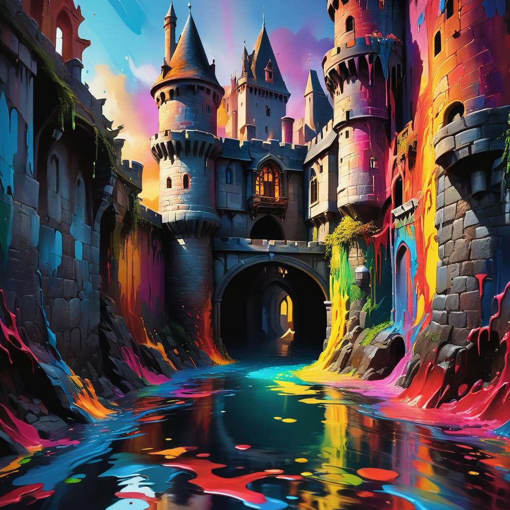 Vibrant Acrylic Paint Moat in Hyperrealistic Style