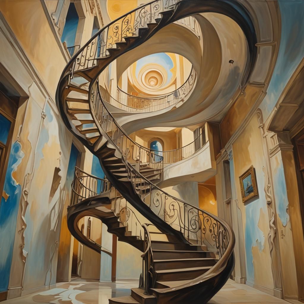 Dreamlike Staircase Ascends in Surrealist Style