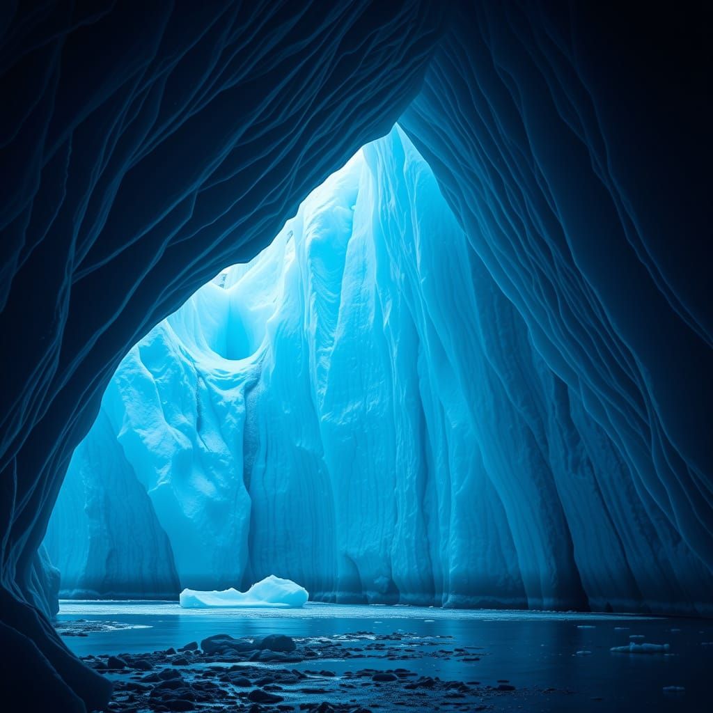 Surreal Dark Blue Glacier Cavern