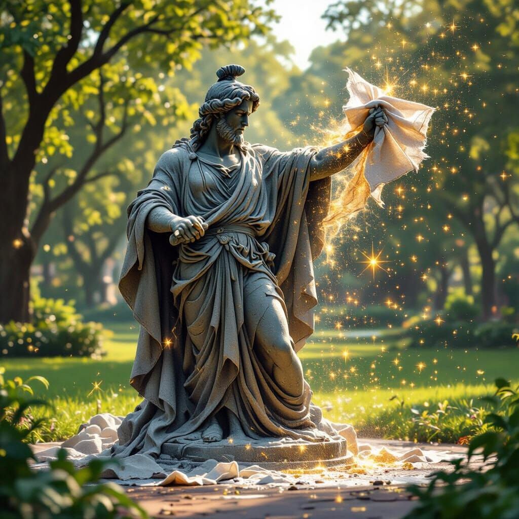 Magical Rag Cleans Park Statue in Fantasy Style