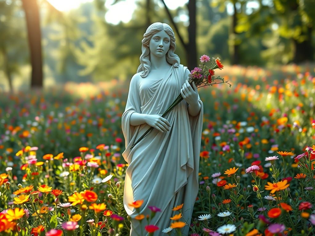 Persephone Statue in Wildflower Field, Photorealistic Digita...