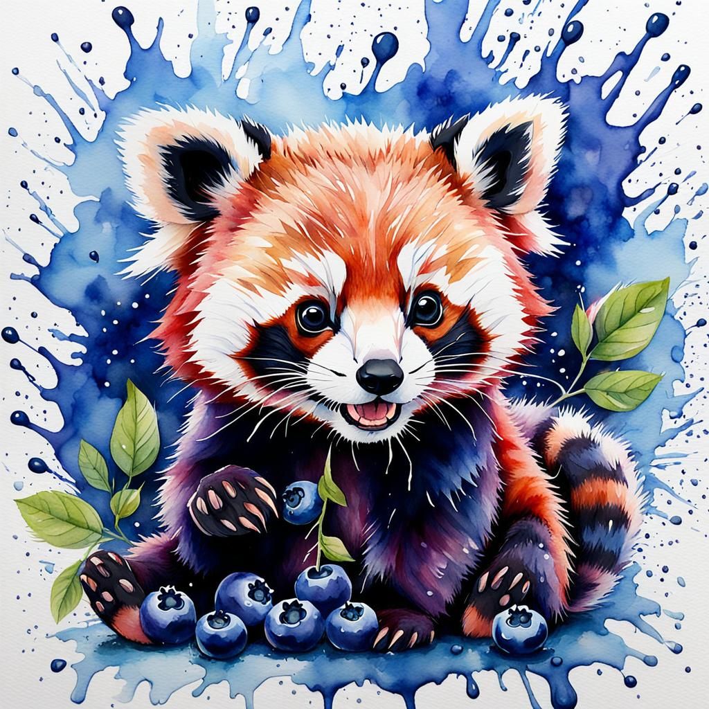 Kawaii Red Panda Munching Blueberries in Watercolor