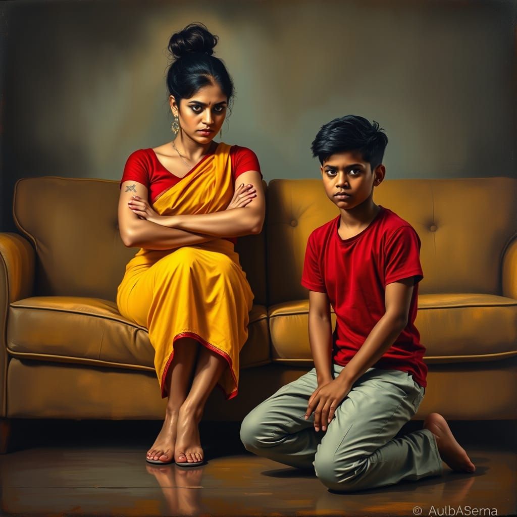 Dramatic Oil Painting of Admonishing Woman and Kneeling Boy