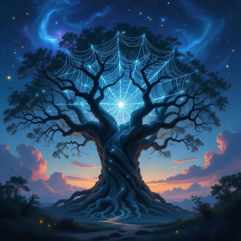Ancient Spiderweb Tree Under Nebula Sky