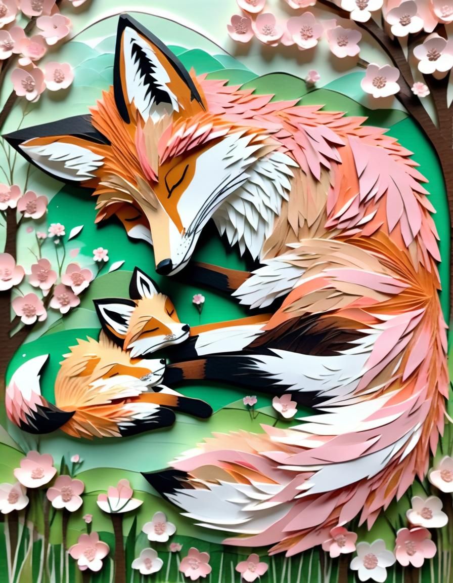 Mother Fox and Baby in Cherry Blossom Collage