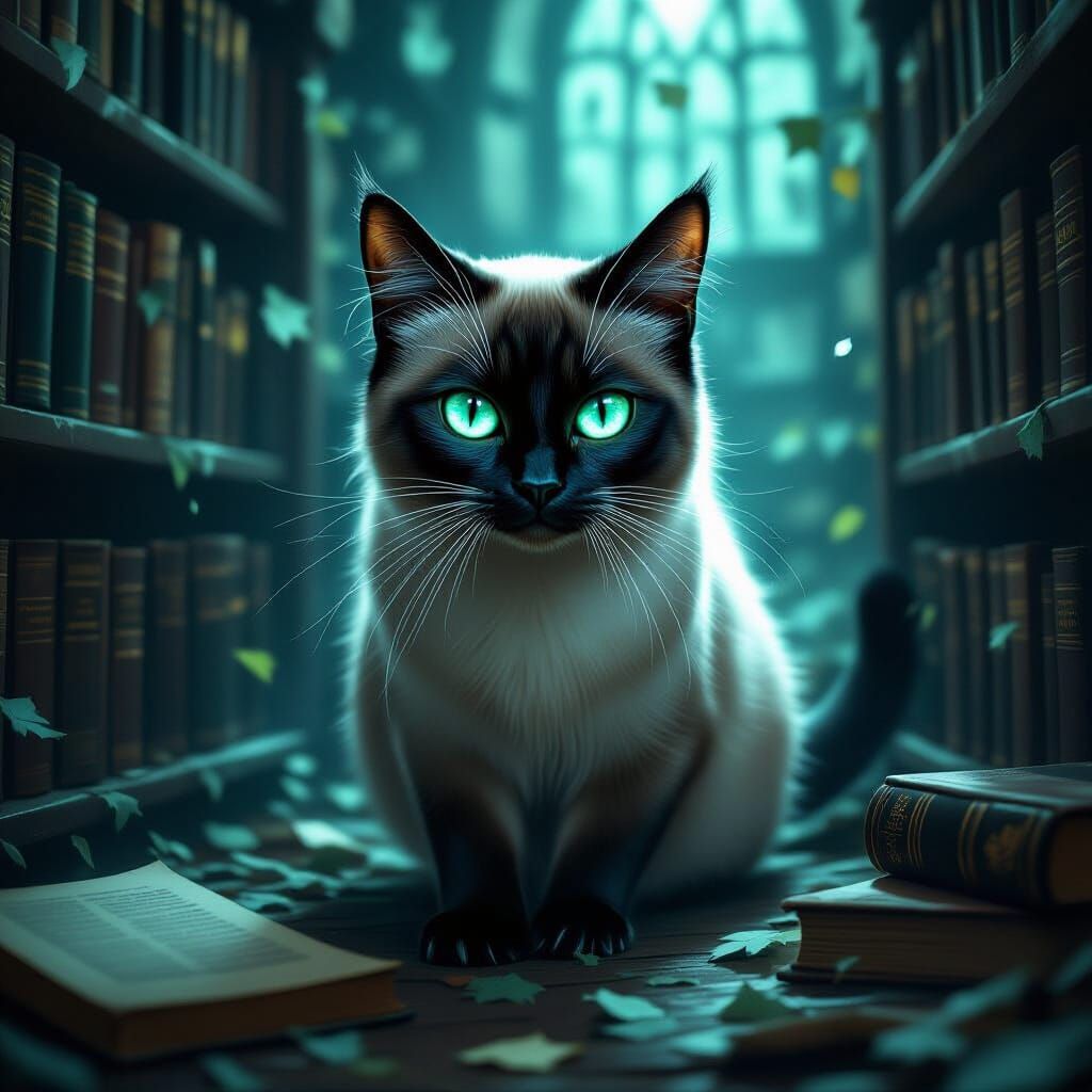 Spectral Siamese Cat in Shadowy Library