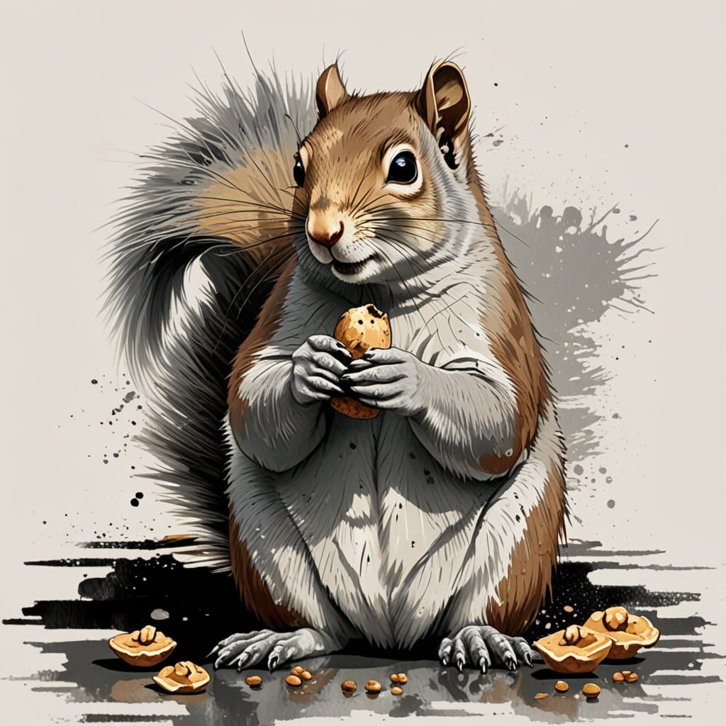 Mischievous Squirrel with Walnuts in Ukiyo-e Style