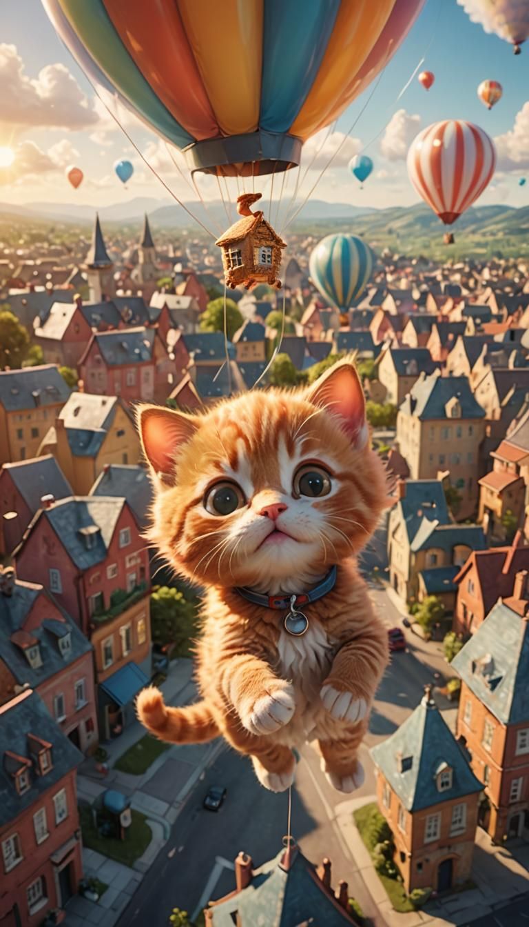 Ginger Kitten Floats in Balloon: 3D Digital Art