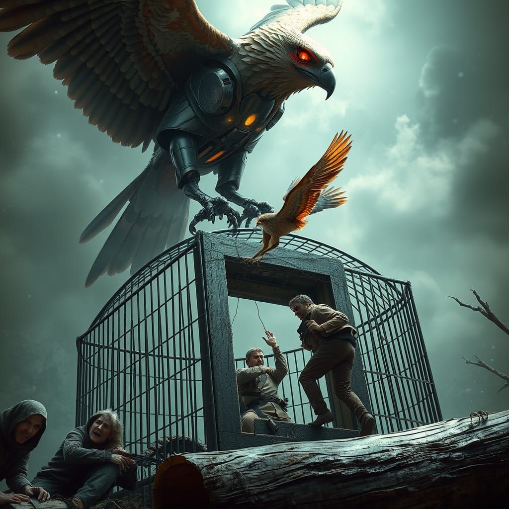 Giant Cyborg Hawks in a Futuristic Dark Fantasy