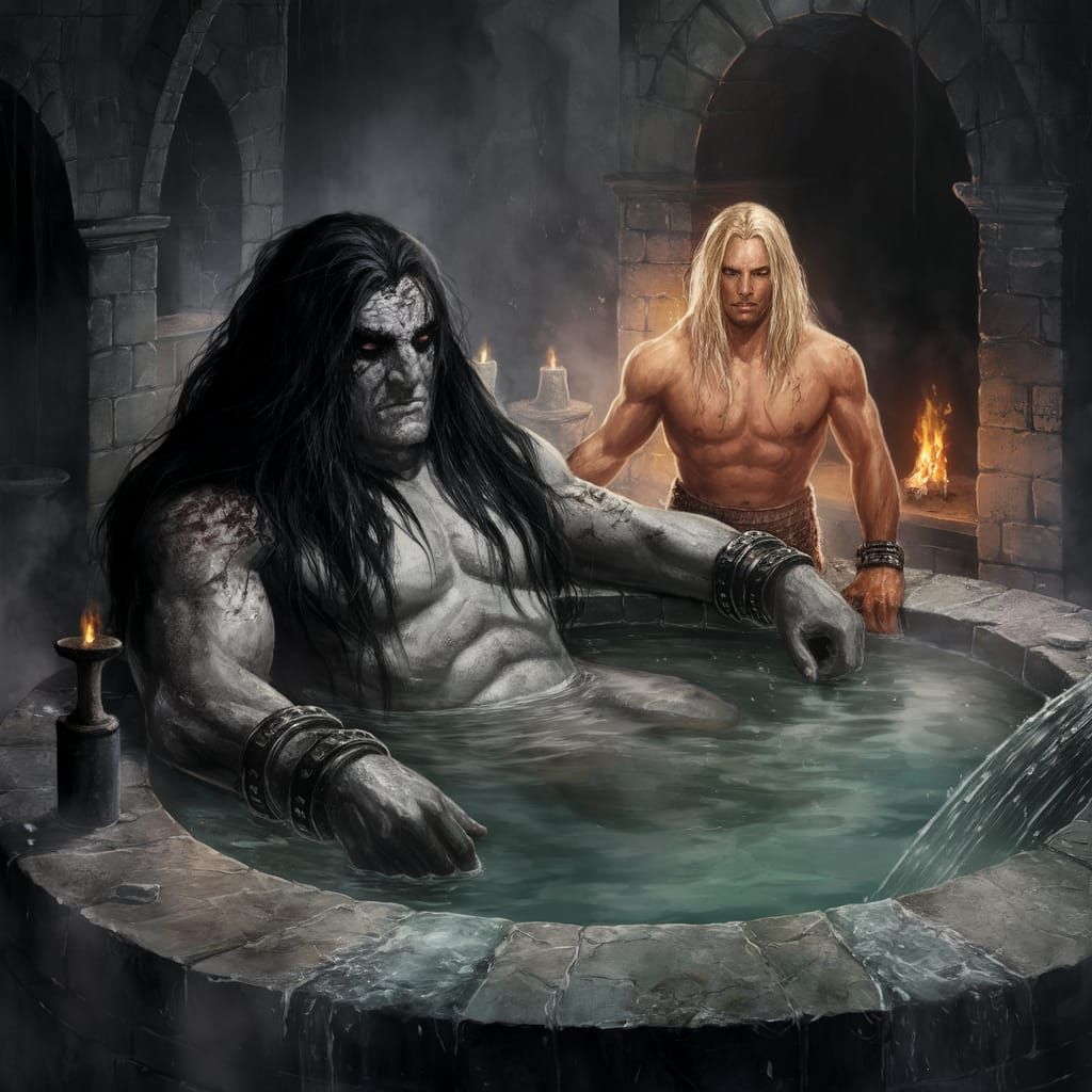 Dark Figure Rests in Ancient Castle Bath, Surrounded by Radi...