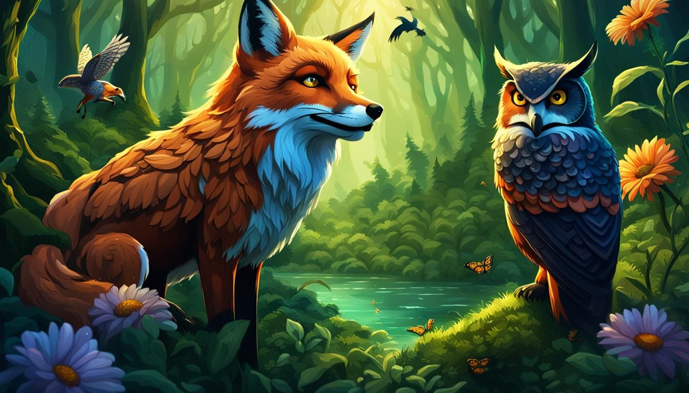 Fox and Owl Chatting in Lush Forest: Detailed Matte Painting