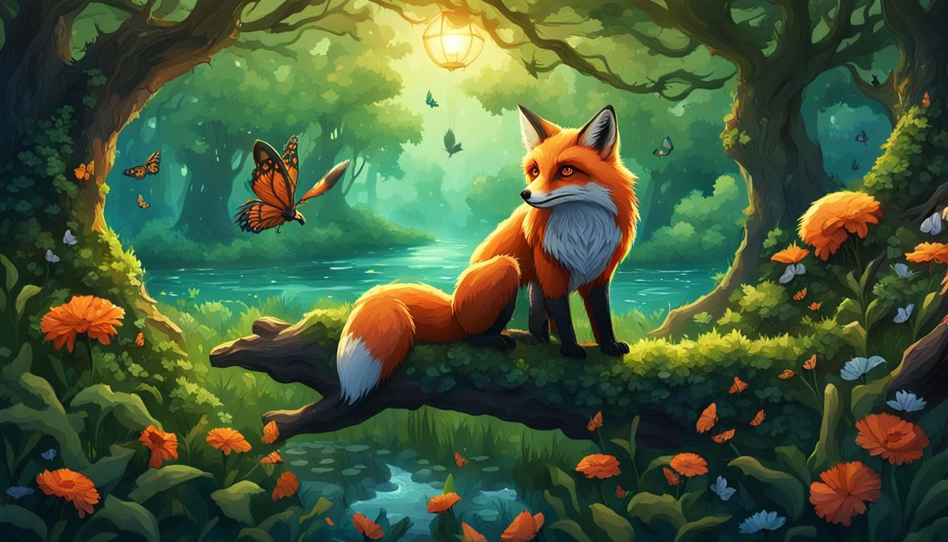 Fox and Owl Chatting in Lush Forest, Digital Art