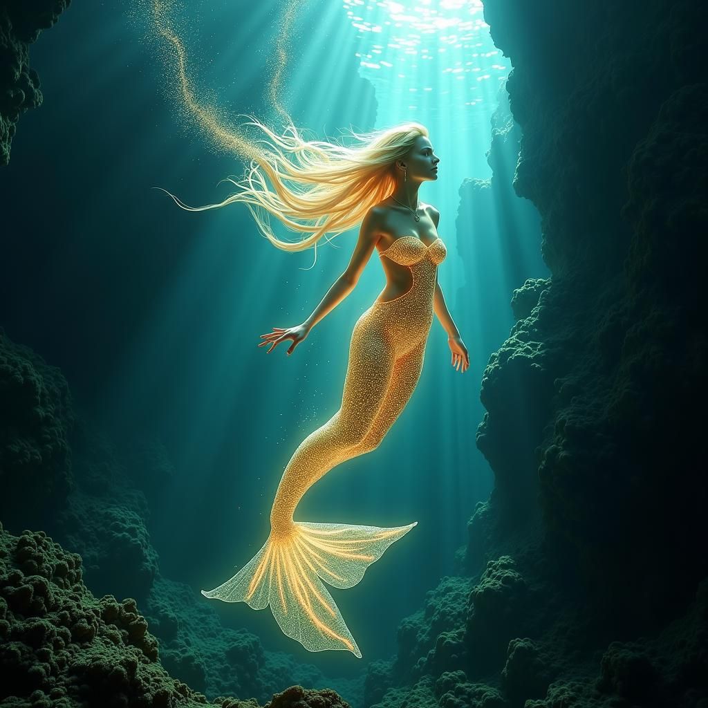 In a pure dark Caribbean underwater background , a radiant glowing diving mermaid
made of translucent light with air bub...