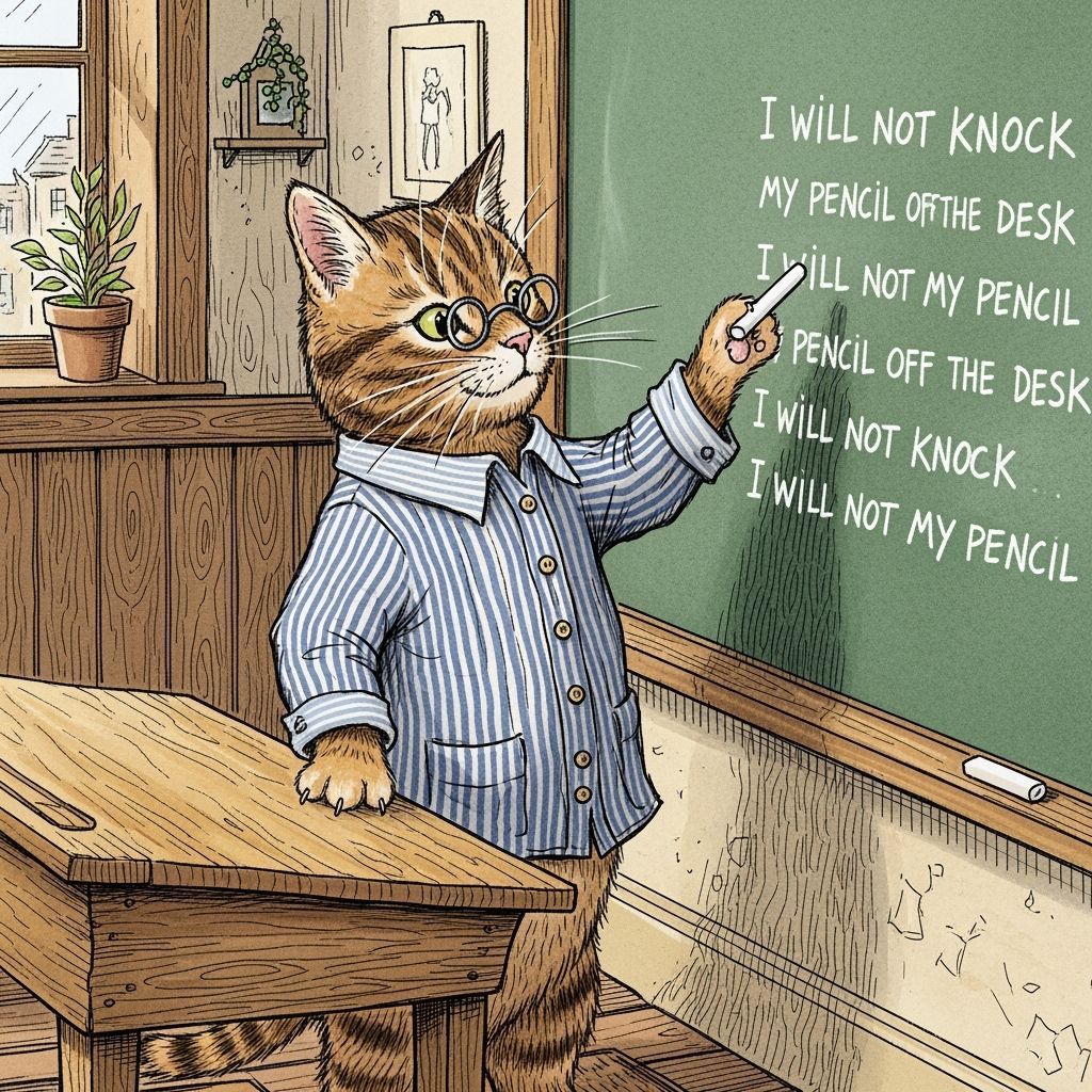 Cat Writes Lines on Chalkboard in Beatrix Potter Style