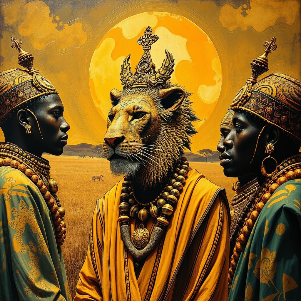 Afrofuturistic Lion Ceremony in Impasto Fluid Art