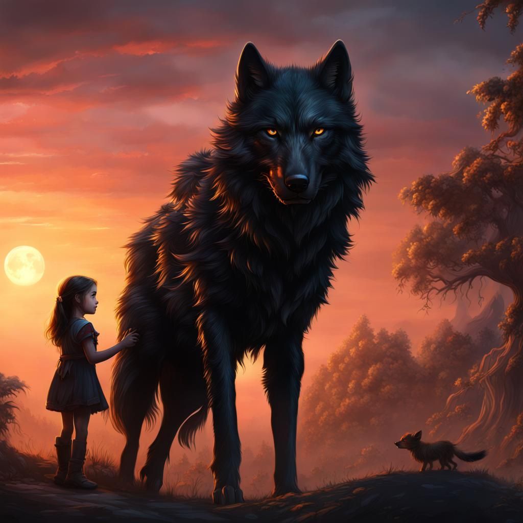 Nightmarish Black Wolf Stalks Girl: Detailed Matte Painting