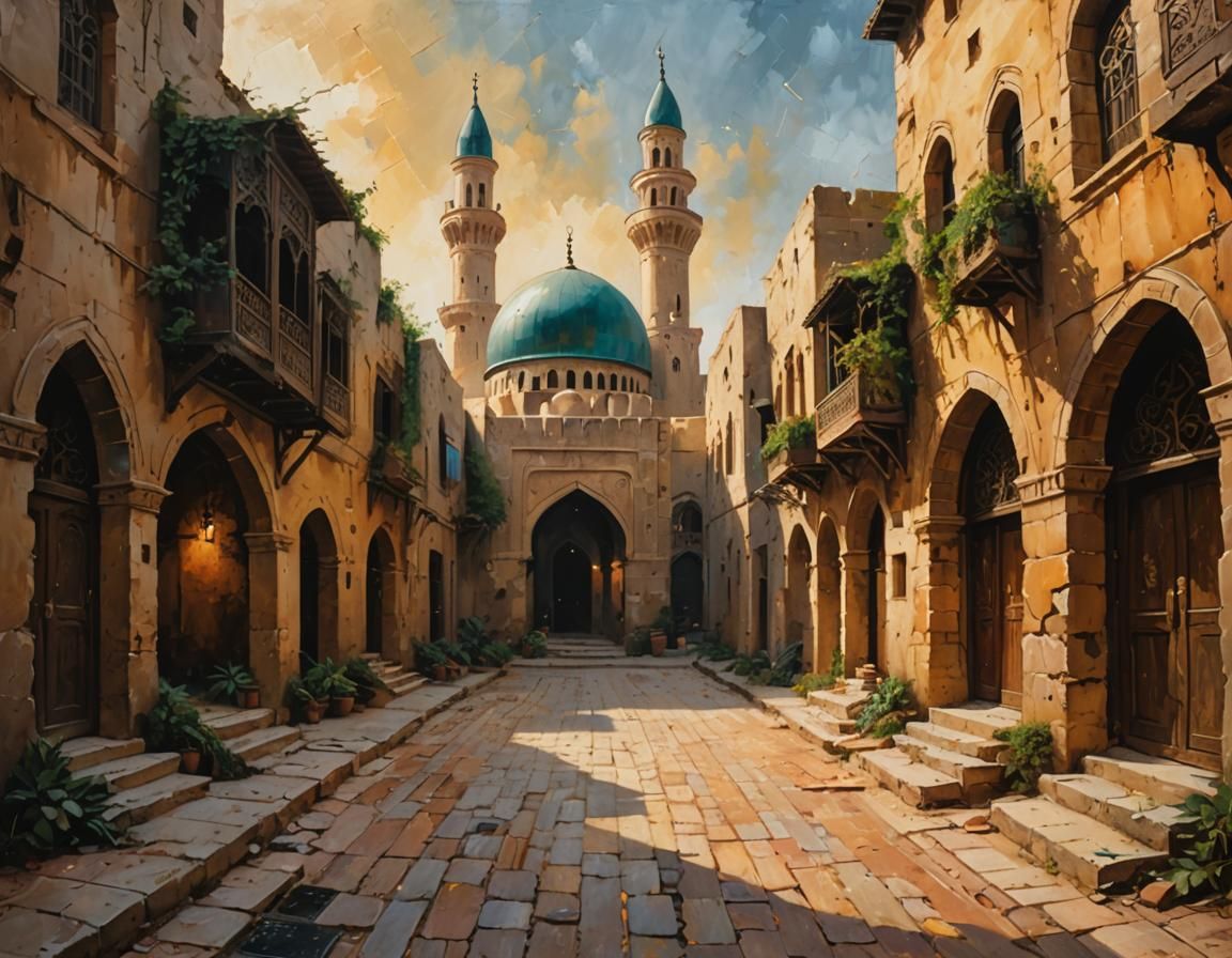 Medieval Arabic Town in Dark Fantasy Acrylic Painting