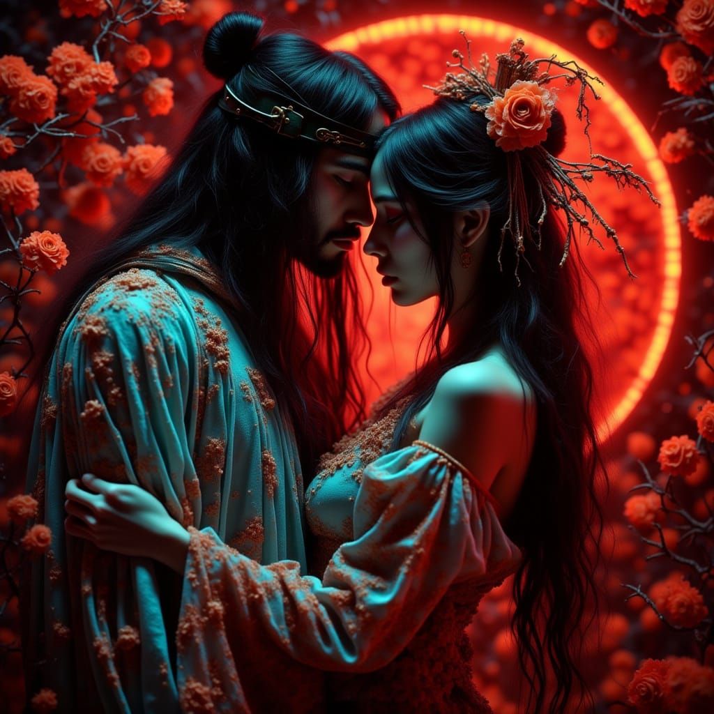 Blind Samurai and Maiko Embrace in Cyber Fairycore Style