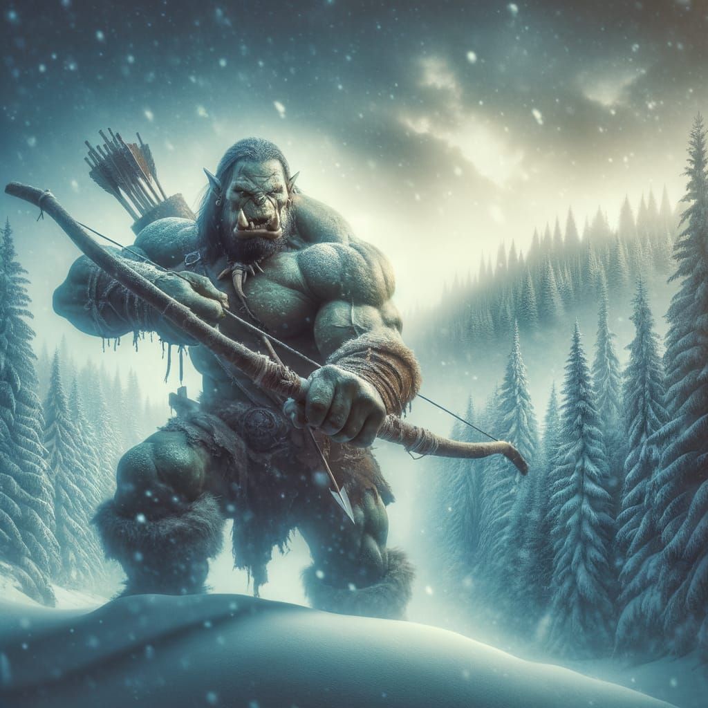 Orc Archer in Winter Forest, Fantasy Art