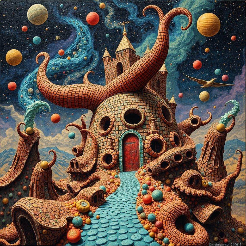 Vibrant Psychedelic Architectural Scene in Impasto Style