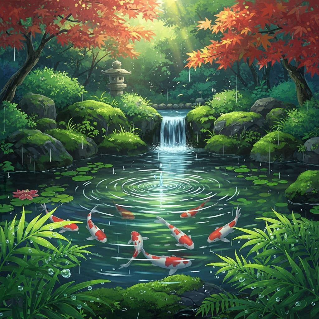 Anime Koi Pond with Waterfall and Lush Greenery