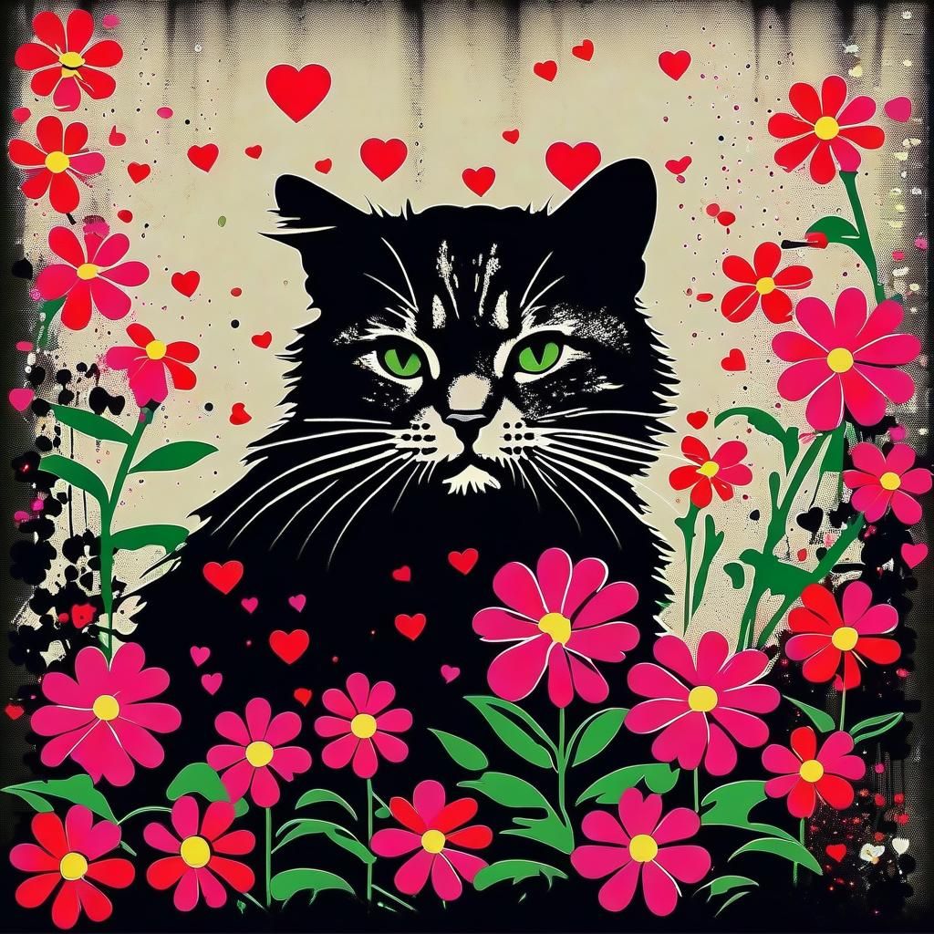 Banksy Stencil Art: Cute Cat with Flowers