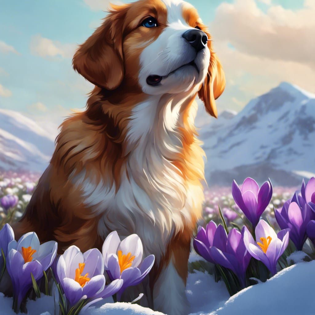 Puppy in the snowy mountains full of crocuses