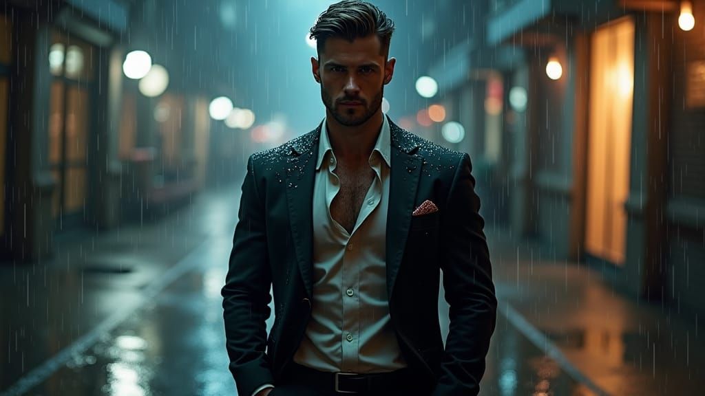 Urban Night: Lean Male in Rain, Syd Mead Style