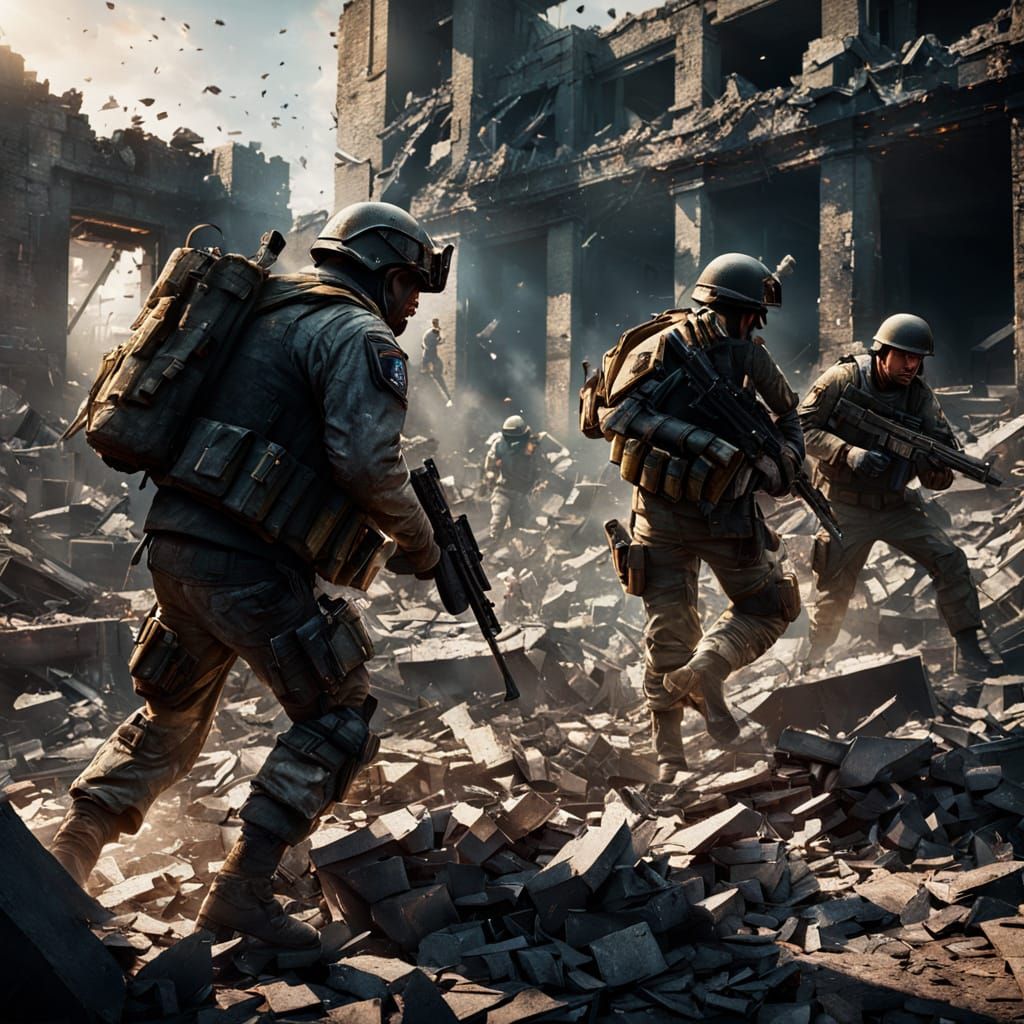 Hyperrealistic Soldiers Fight in Ruins with Golden Lighting