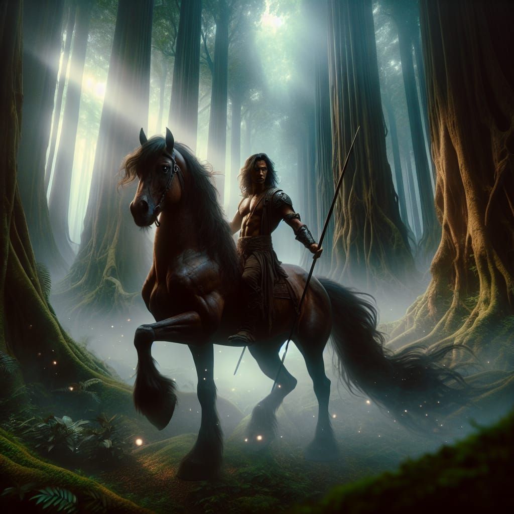 Majestic Centaur in Misty Forest with Spear