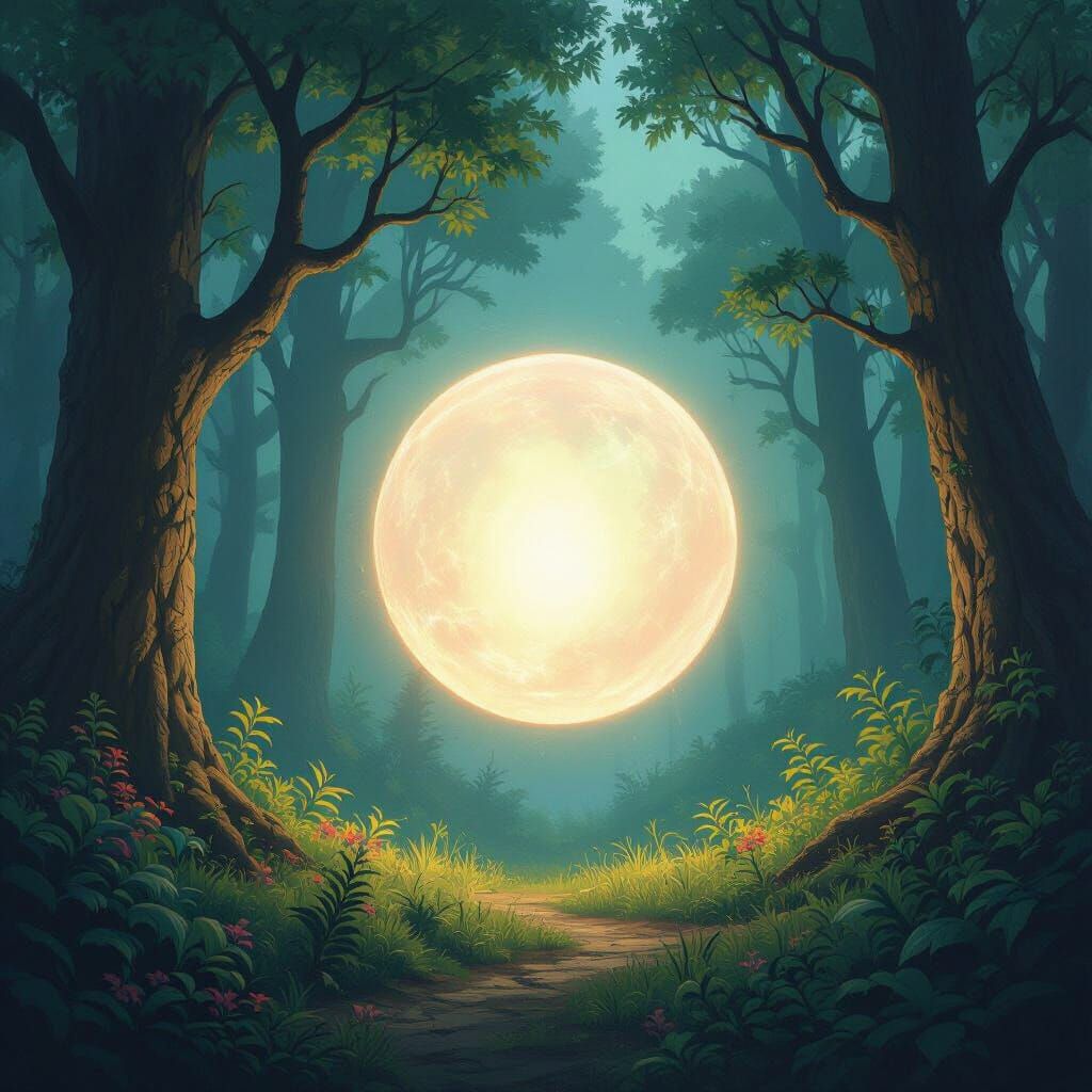 Ethereal Light Orb Entering Whimsical Forest