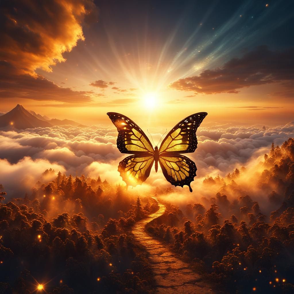 Sparkling Butterfly Trail at Sunset: Digital Art