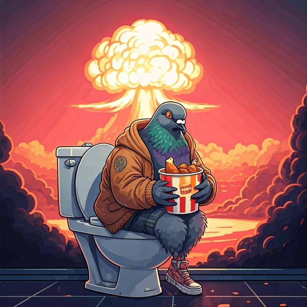 Pigeon Eats KFC Amidst Nuclear Explosion in Vibrant Manga St...
