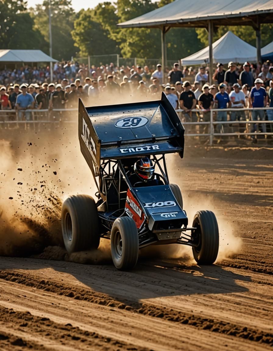 Sprint Car Races on Dirt Track in Golden Light
