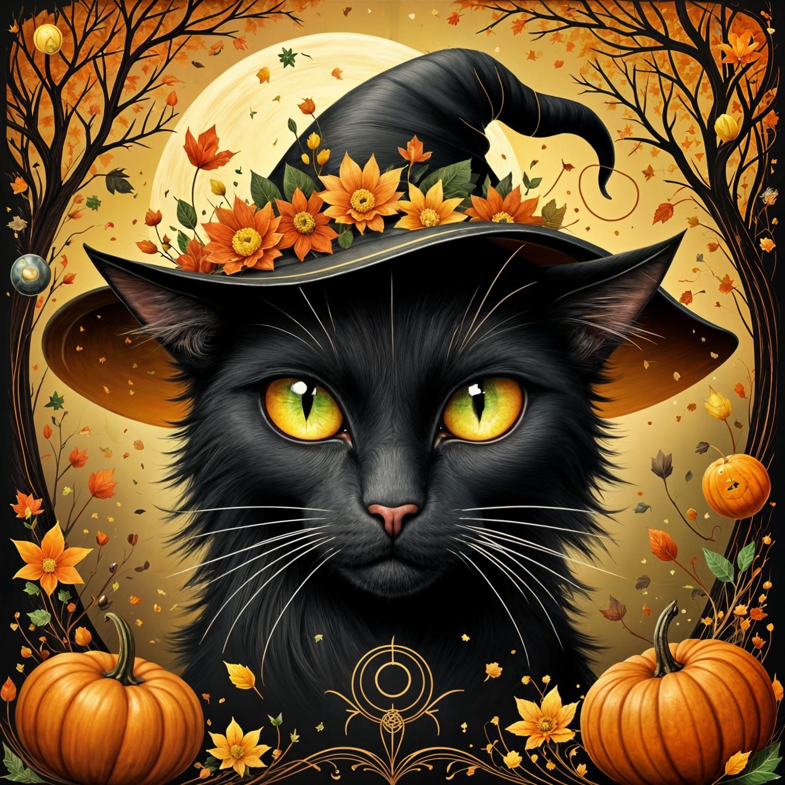 Black Cat Witch with Fall Flowers and Yellow Eyes